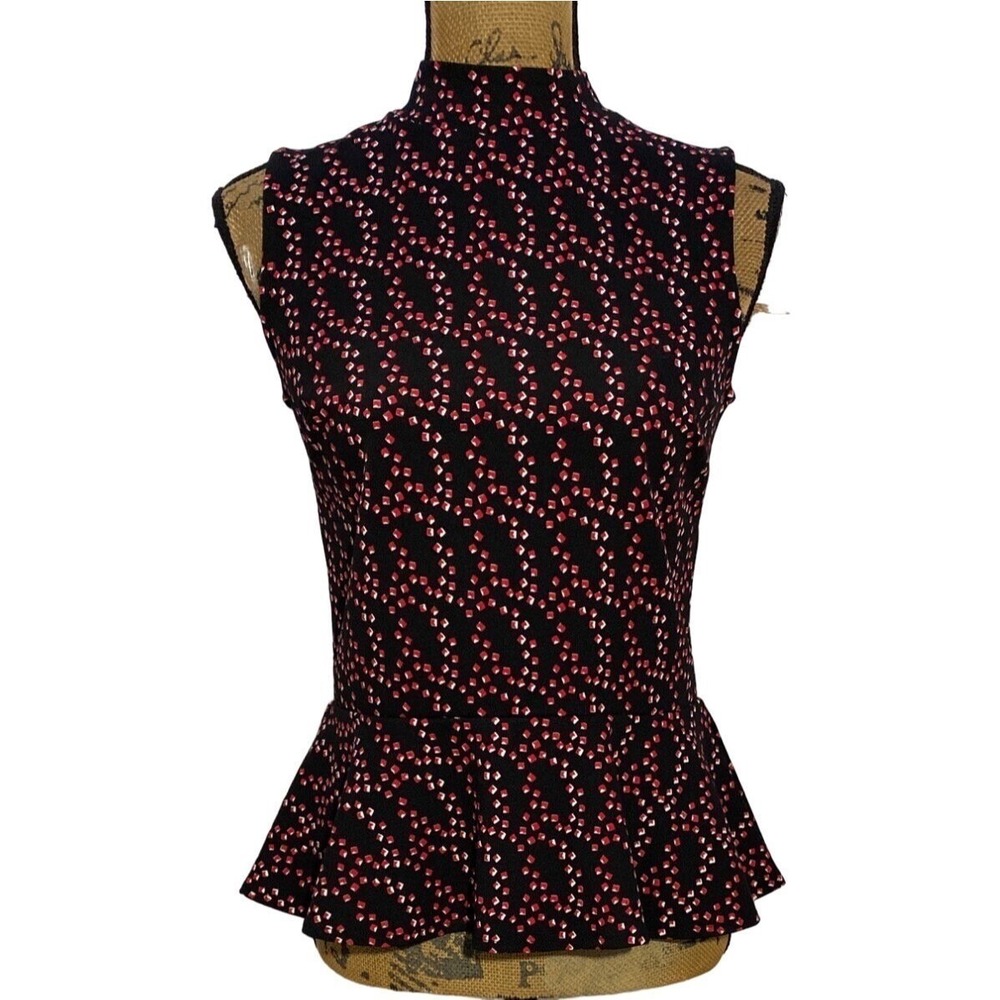 Banana Republic Top XS Black Red White‎ High Mock Neck Tiny Square Print Peplum